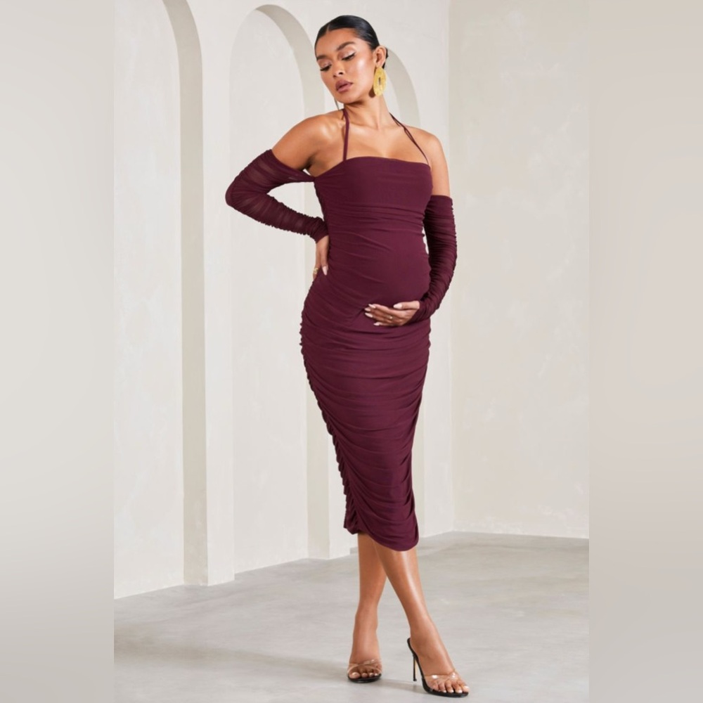 NWT Club L London Burgundy Ruched Halter Maternity Midi Dress Sz 12 - Picture 5 of 5